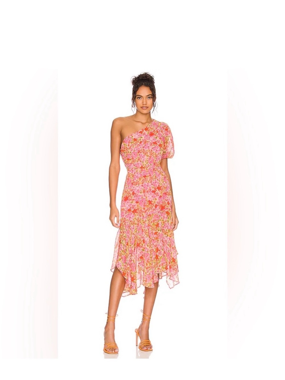 ASTR the label Santorini One-Shoulder Pink Floral Ruffle Midi Dress - Picture 4 of 4